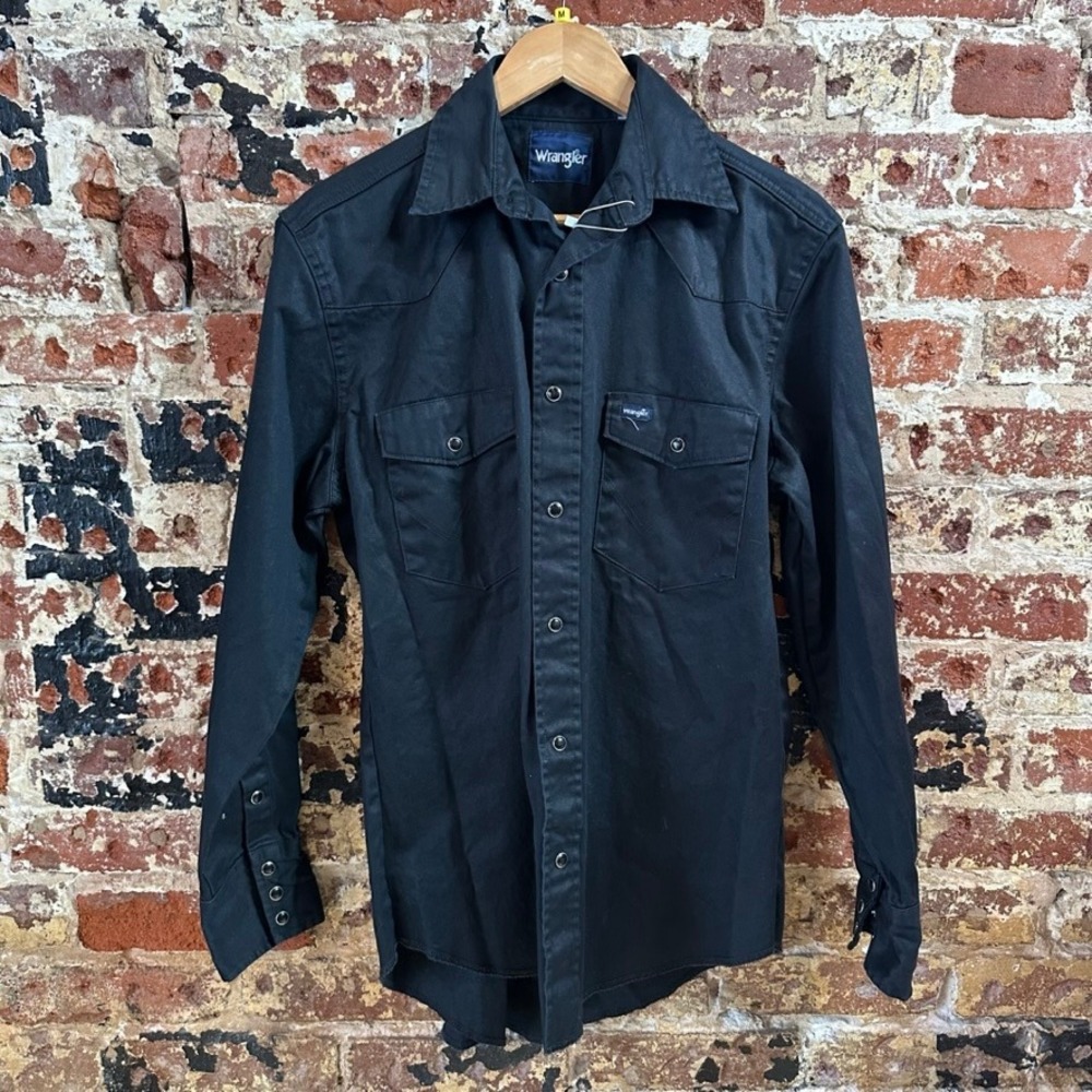 Wrangler Western Shirt Pearl Snap Long Sleeve Black Jean Denim Mens Medium